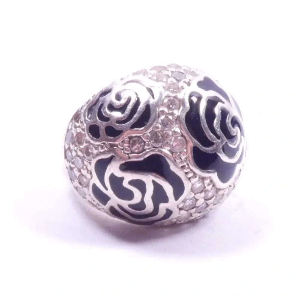 VTG RARESerling Silver Ring Black Enamel Roses with Pave Cz Diamonds Size 10